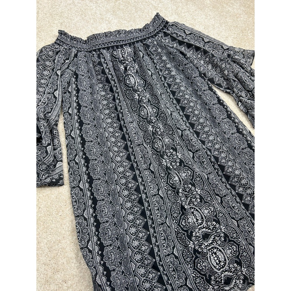 City Triangles XL Black White Paisley Off Shoulder Ruffle Bell Sleeve Mini Dress